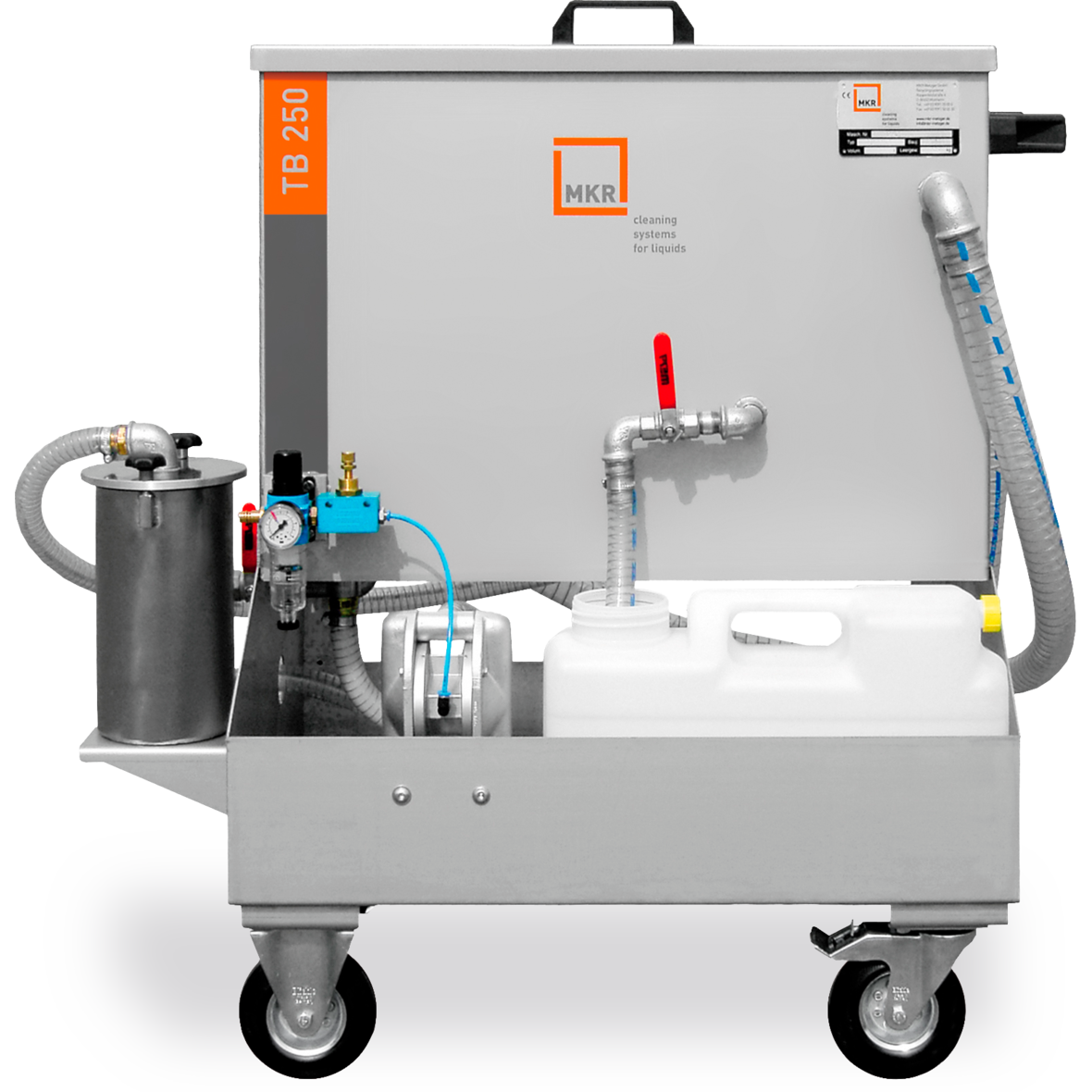 MKR Metzger - Fremdölabscheider TB 250 Der mobil oder stationär einsetzbare Fremdölabscheider TB 250 von MKR Metzger arbeitet nach dem Koaleszenzprinzip. Bei einer Durchsatzleistung von 250 l pro Stunde lassen sich Fremdöle aus Waschmedien oder Kühlschmierstoffen wirkungsvoll abscheiden.